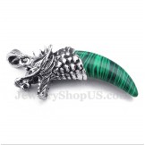 Men's Titanium Malachite Wolf Head Horns Pendant with Free Chain